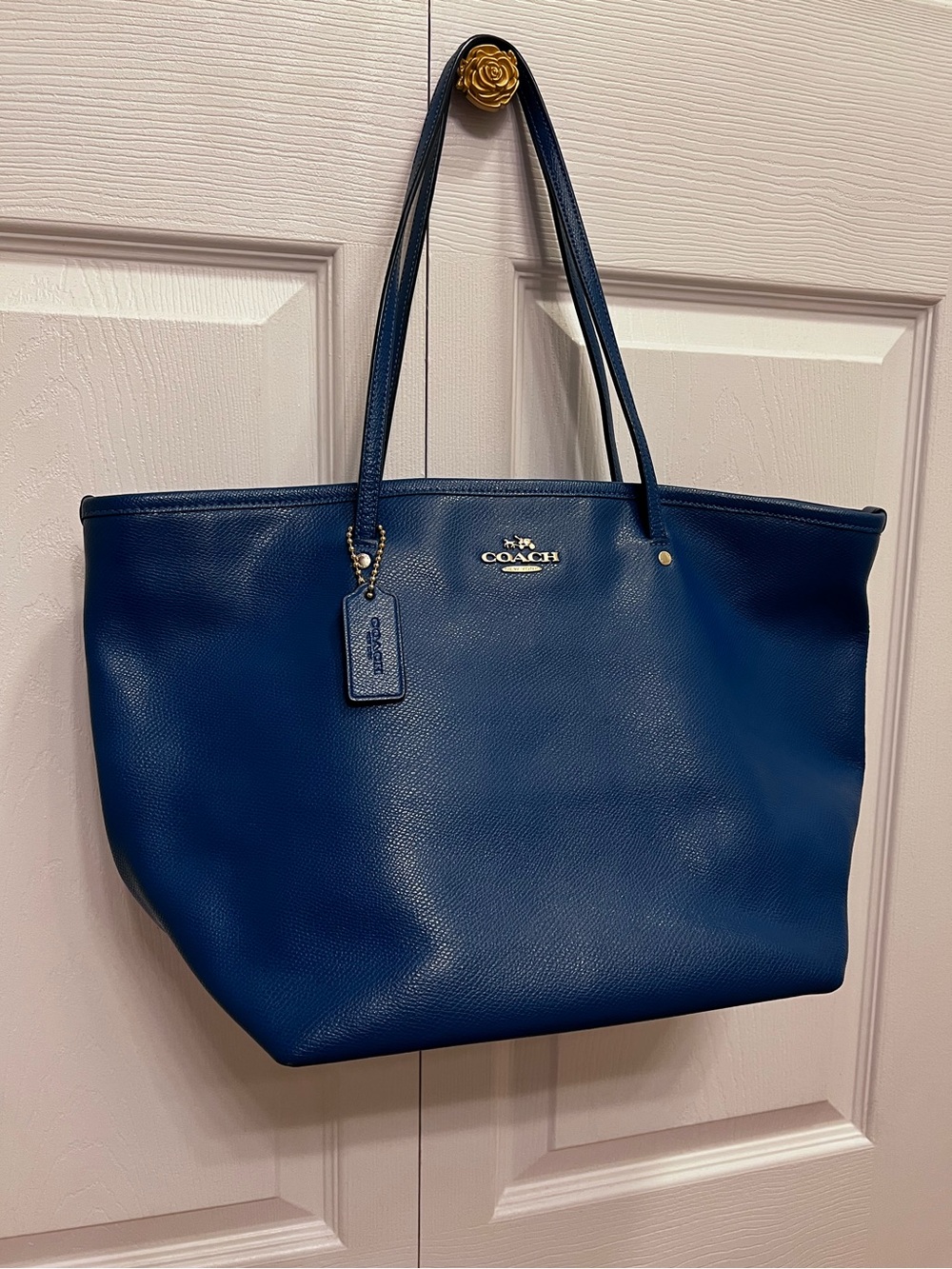 Coach unique green-blue Leather Tote with Logo Tag
